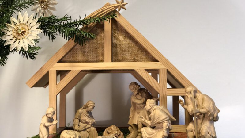 Caritas wünscht fröhliche Weihnachten Eine Holzkrippe auf grünem Moos.